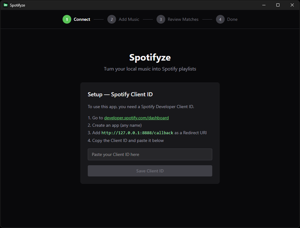 Setup — Enter your Spotify Client ID