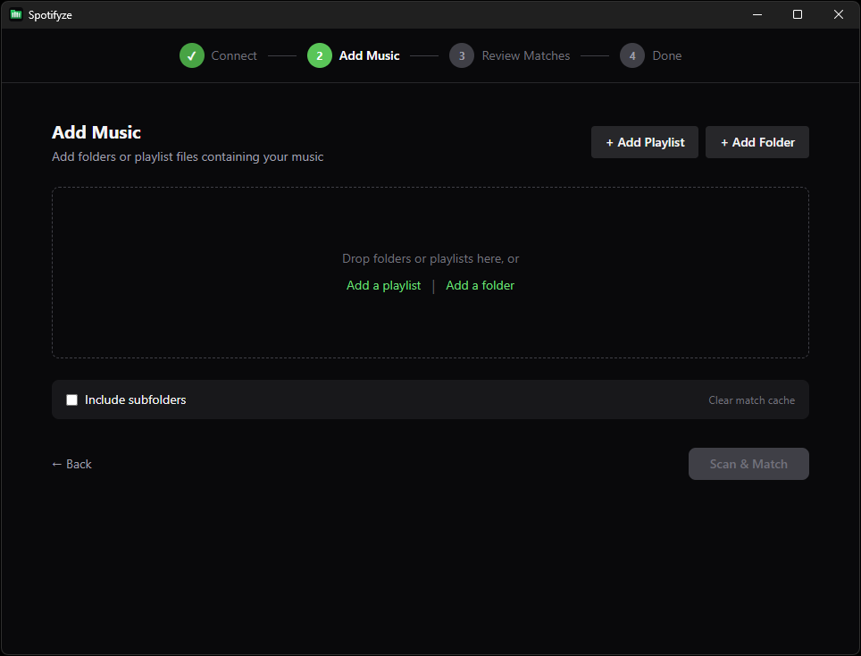 Add Music — Drop folders or playlist files