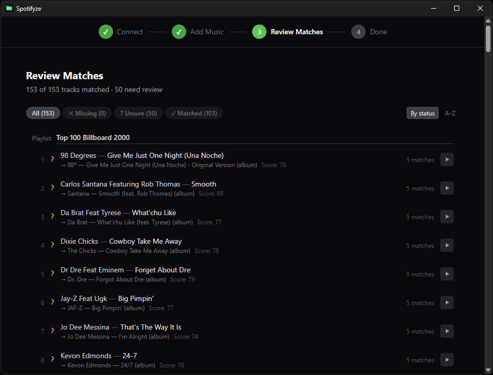 Review — Browse matches with scores and filters