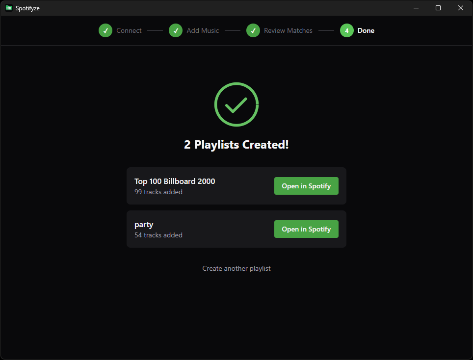 Done — Playlists created, open in Spotify